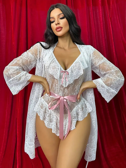 Romantic Floral Lace Lingerie Set, Long Sleeve Mesh Robe & Bow Decor Ruffle Bodysuit, Women's Sexy Lingerie & Underwear