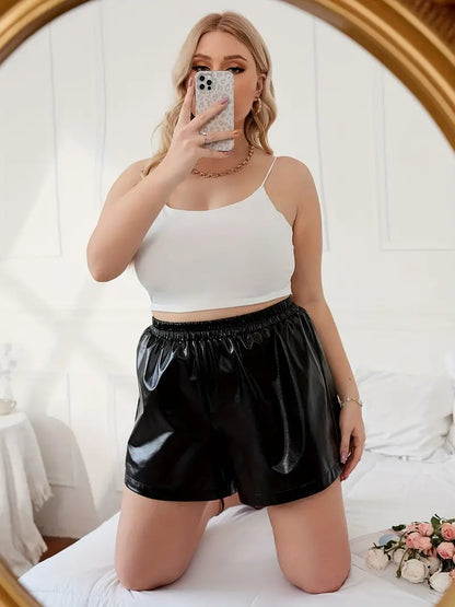 Plus Size Casual Shorts, Women's Plus Plain PU Leather Shirred Elastic High Rise Shorts