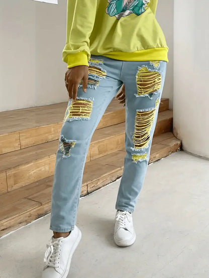 Jeans ajustados rasgados con tinte amarillo, pantalones vaqueros casuales desgastados con cierre de botón y cremallera, jeans y ropa de mezclilla para mujer 