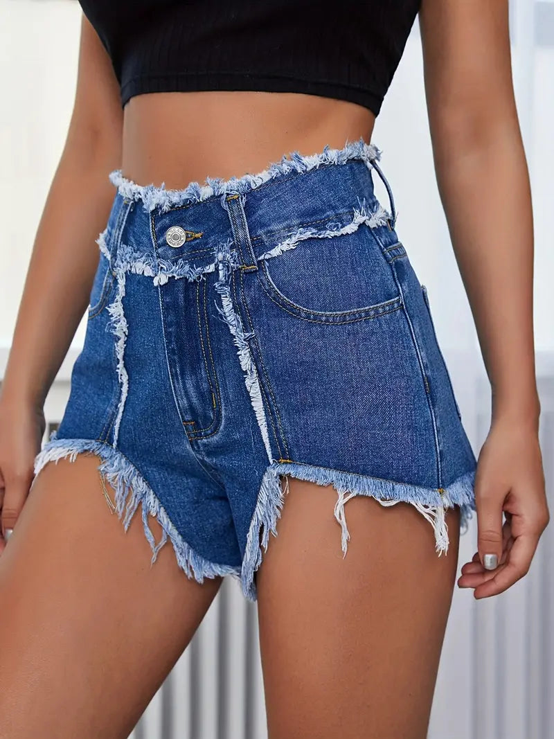 Blue Raw Hem Denim Shorts, High Waist Slash Pockets Distressed Slim Fit Short Denim Pants, Women's Denim Jeans & Clothing