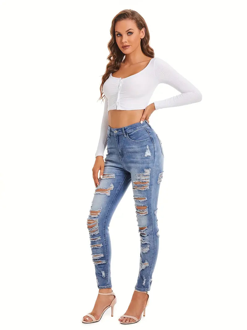 Blue Ripped Holes Skinny Jeans, Distressed Mid Stretch Slant Pockets Denim Pants, Women's Denim Jeans & Clothing