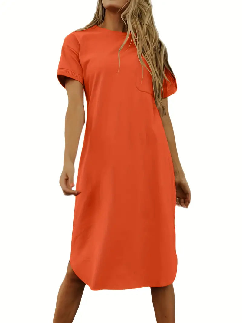 Crew Neck Mid Length Dress, Short Sleeve Solid Summer Pockets Dresses, Women's Clothing