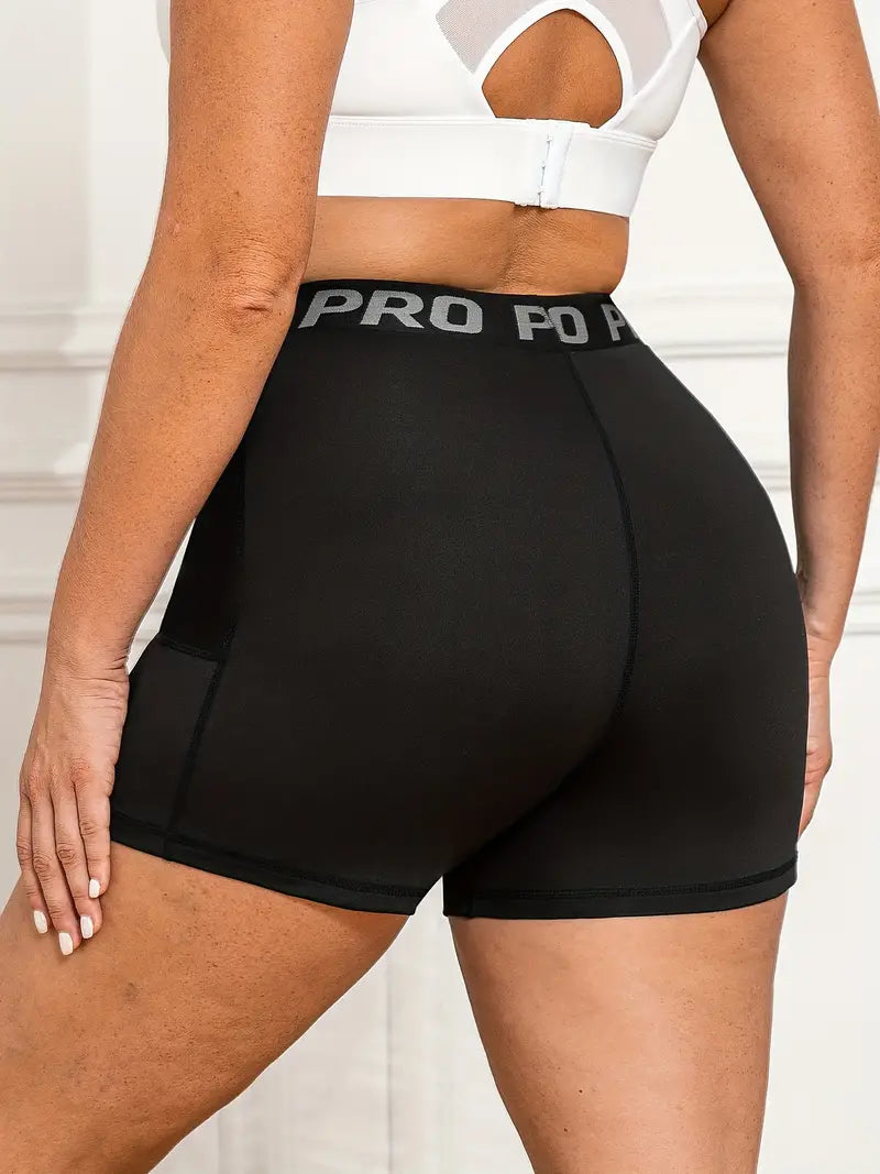 Plus Size Sports Shorts, Women's Plus Letter Tape Pipping Contrast Mesh High Rise High Stretch Skinny Shorts With Pockets