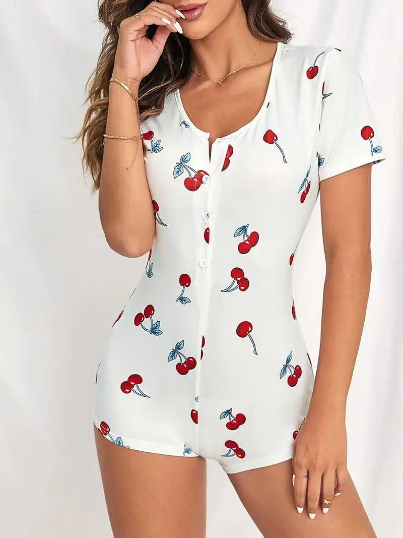 One Piece Cherry Print Sleepwear, Casual & Comfy V Neck Buttons Short Sleeve Jumpsuit, Women's Lingerie & Sleepwear