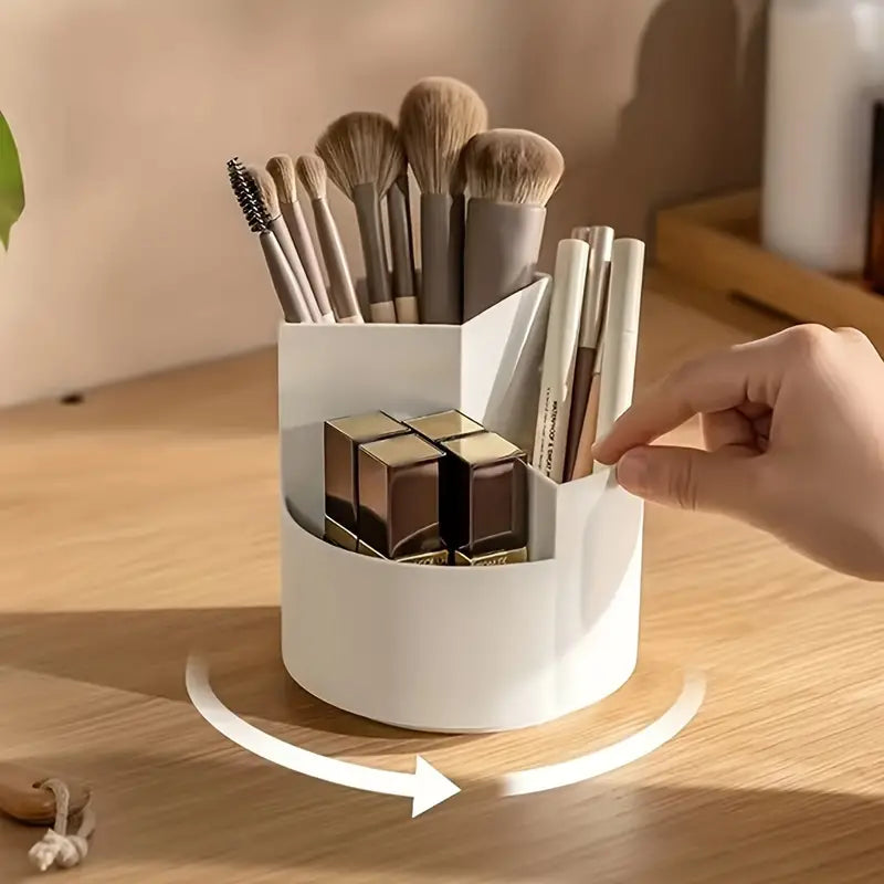 Rotating Makeup Brush Holder 3 Compartments, Cosmetic Supplies Organizer For Pen, Eyebrow Pencil, Makeup Brushes, Desktop Storage Box In Classroom & Art Studio, Gift For Teachers, Classmates, And Friends