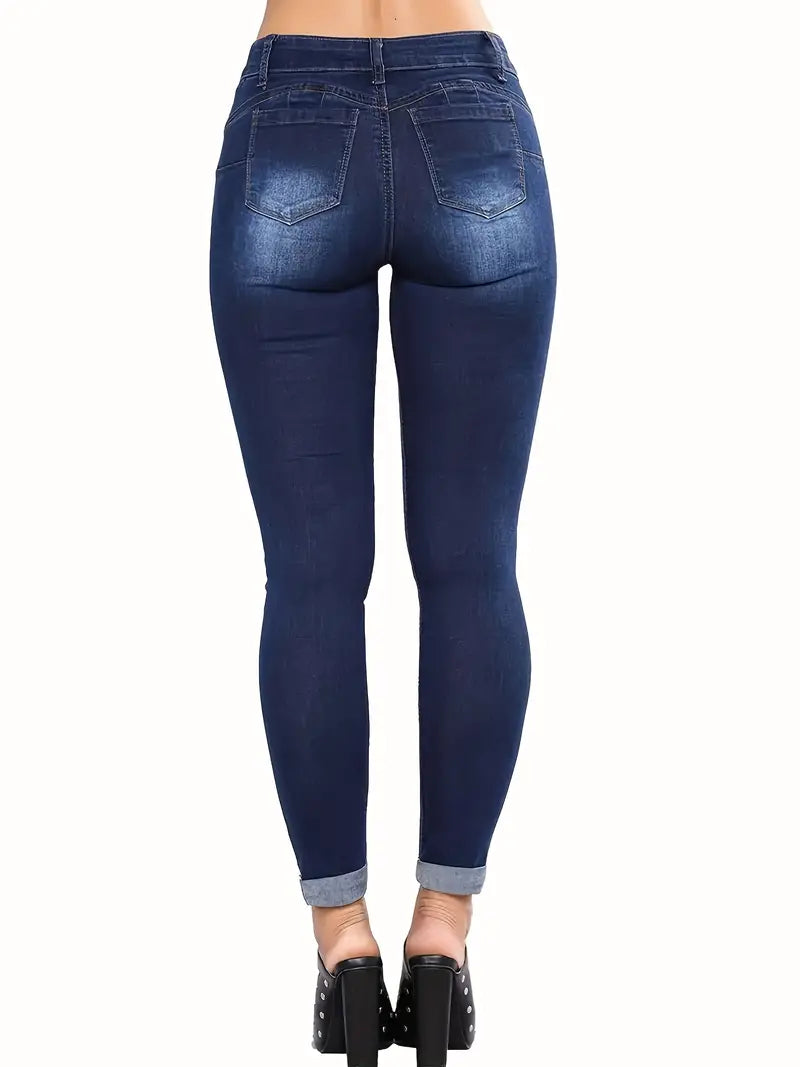 Jean skinny déchiré bleu marine pour femme – Coupe slim, pantalon en denim hautement extensible pour un maximum de confort et de style. 