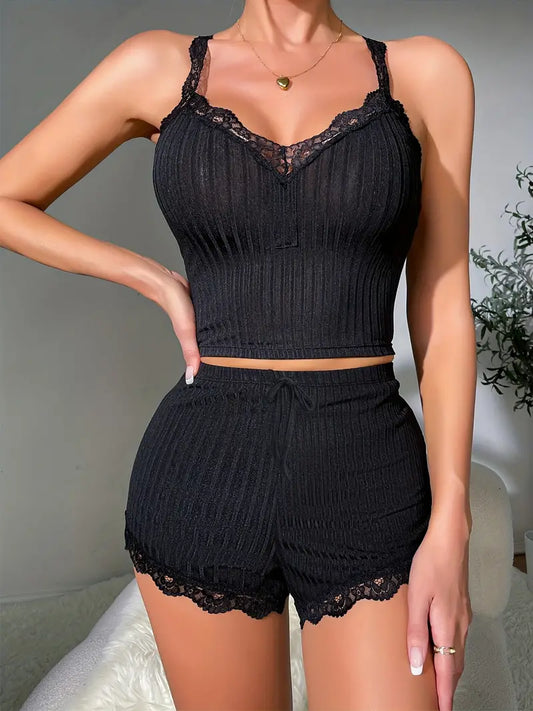 Contrast Lace Lounge Set, V Neck Cami Top & Elastic Waistband Shorts, Women's Loungewear & Sleepwear