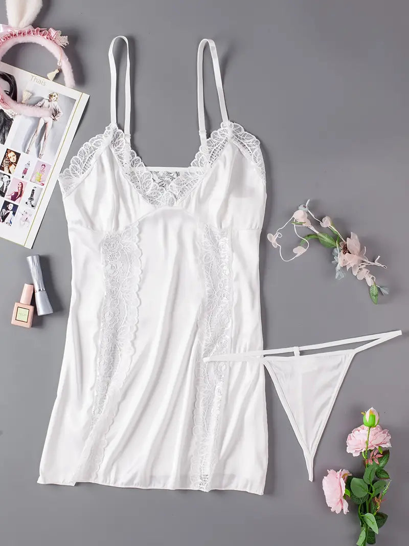 Babydoll sexy en résille en dentelle blanche, mini-robe en maille à col en V, lingerie et sous-vêtements pour femmes 