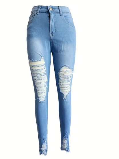 Blue Ripped Holes Skinny Jeans, Ultra Distressed Slim Fit Frayed Hem Casual Denim Pants, Women's Denim Jeans & Clothing