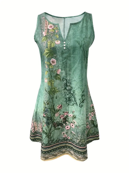 Floral Print Notched Neck Dress, Vintage Sleeveless Dress For Summer, Women's Clothing