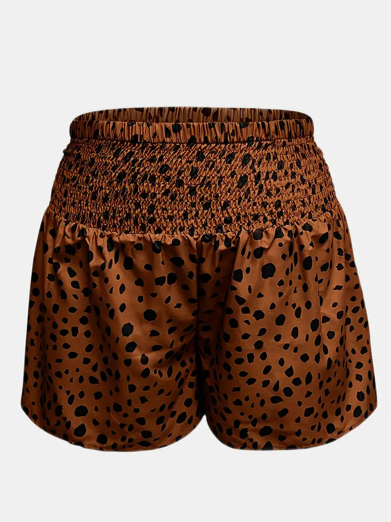 Plus Size Casual Shorts, Women's Plus Leopard Print Shirred Waist High Rise Shorts