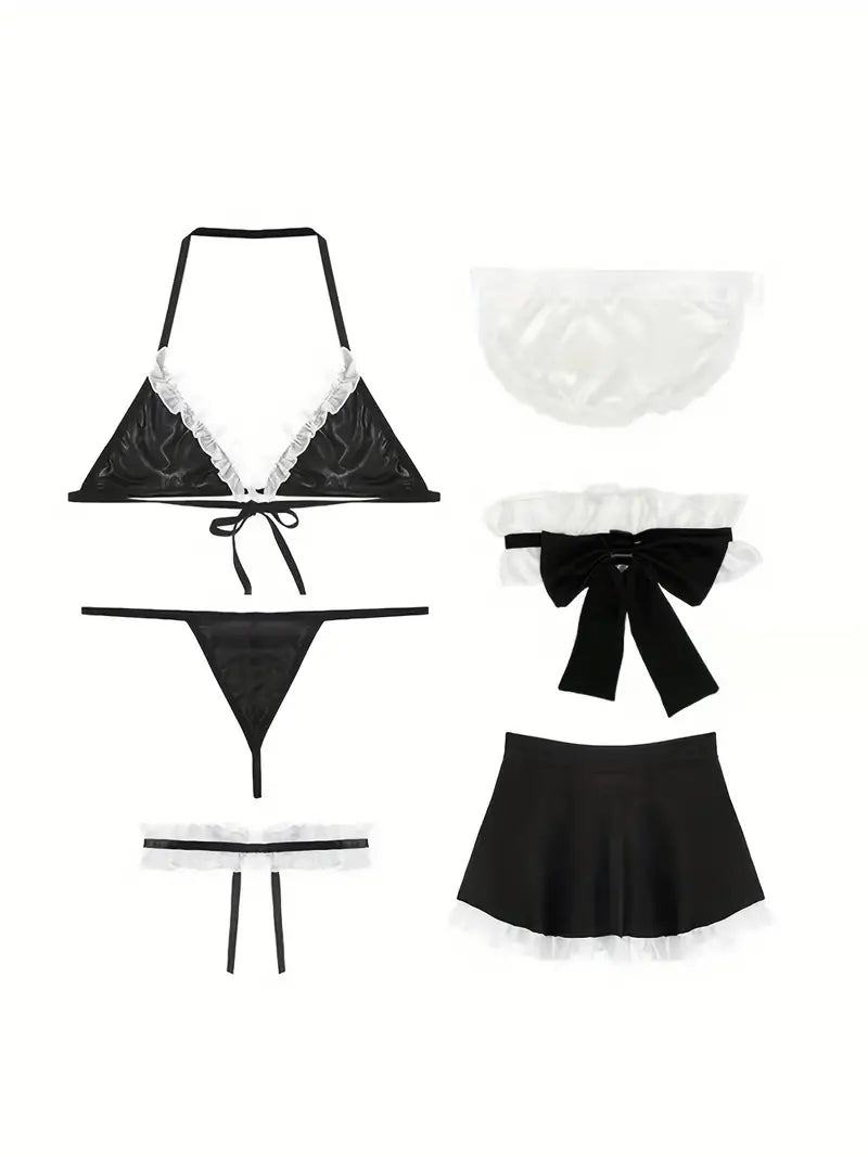 6-Piece Sexy Maid Costume Set - Mesh Trim Halter Tie Bra, String Panty, Mini Skirt, Leg Ring, Bow Choker & Trim Apron - Role-Play & Cosplay Outfit for Women's Sexy Lingerie & Underwear