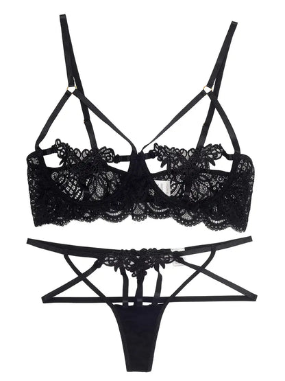 Flaunt Your Curves in This Sexy Plus Size Lingerie Set - Floral Applique Open Cup Lace Bra & Strappy Thong