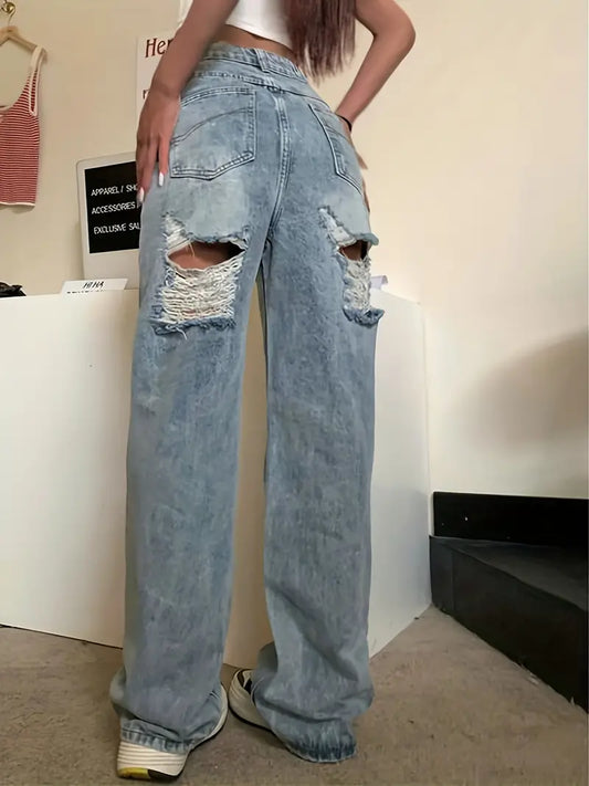 Blue High Rise Straight Jeans, Ripped Holes Loose Fit Slant Pockets Wide Legs Jeans, Women's Denim Jeans & Clothing