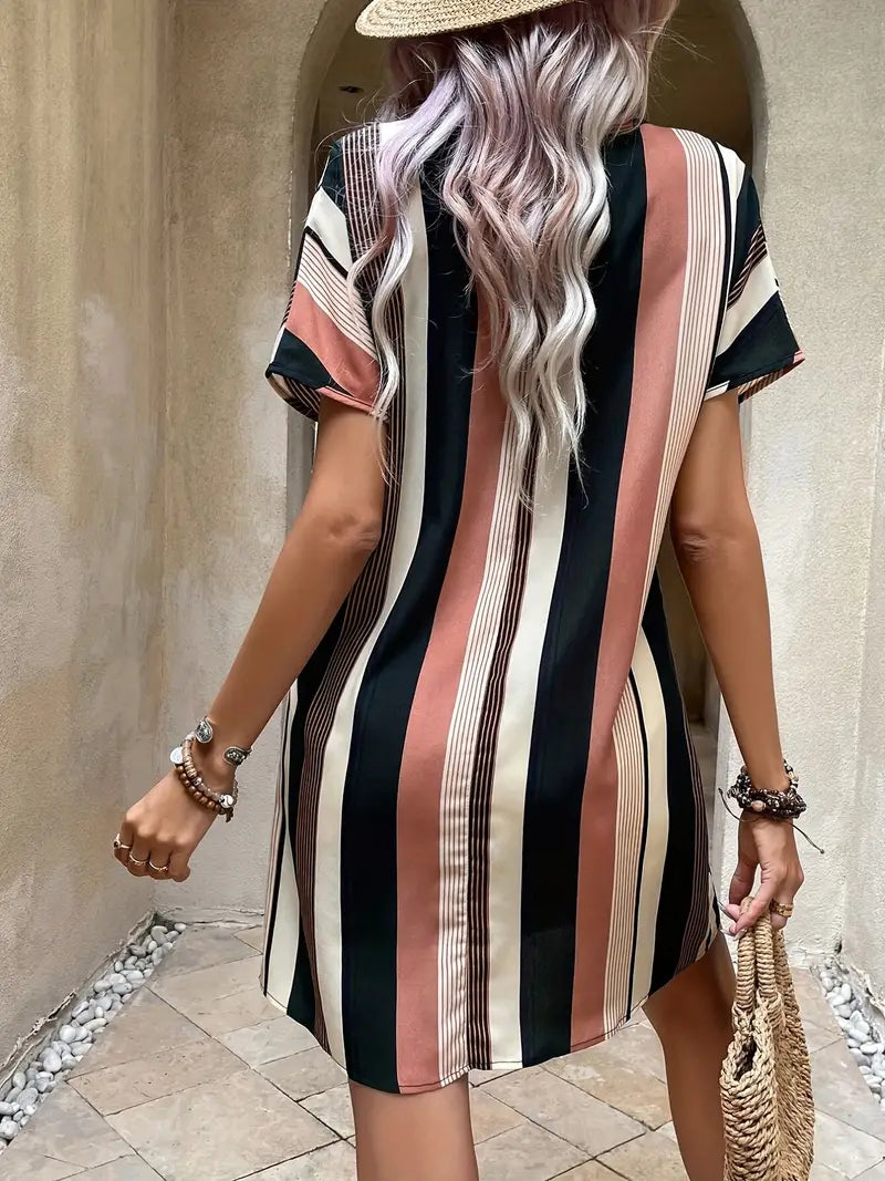 Striped Notched Neck Dress, Casual Short Sleeve Dress For Spring & Summer, Women's Clothing