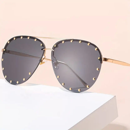 Top Bar Fashion Aviator Sunglasses For Women's Men Oversized Semi Rimless Glasses Rivet Decor Eyewear