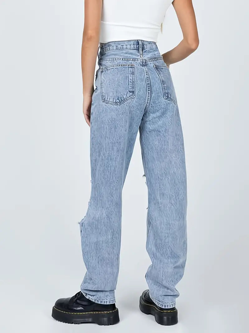 Ripped Holes Distressed Straight Jeans, Casual High Rise Wide Leg Baggy Denim Pants, Women's Denim Jeans & Clothing