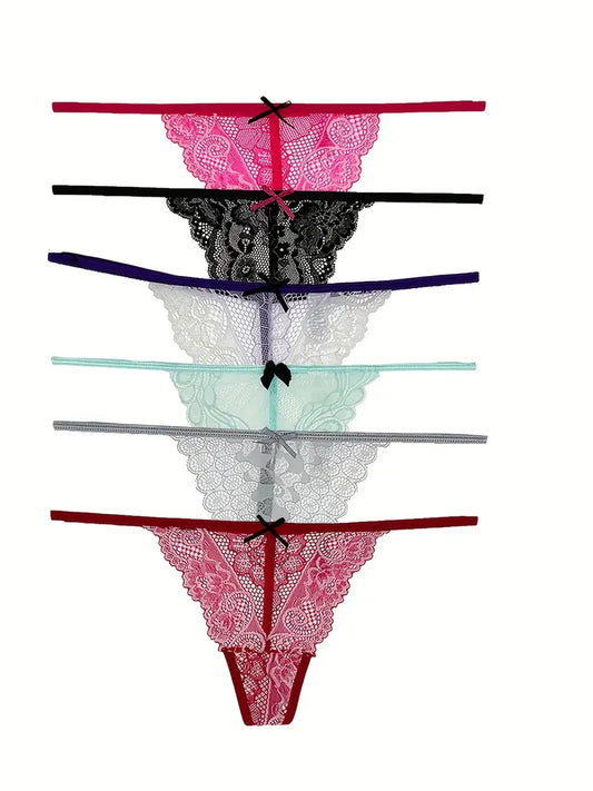 6pcs Floral Lace G-String Panties, Sexy Breathable Mesh Intimates Panties, Women's Lingerie & Underwear