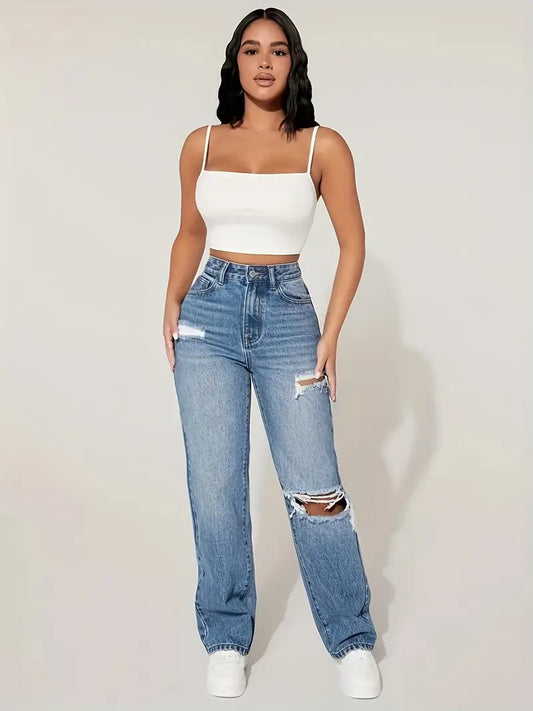 Blue Ripped Holes Straight Jeans, Ripped Holes Slant Pockets Mid Waist Denim Pants, Women's Denim Jeans & Clothing