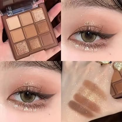 Palette de fards à paupières végétaliens 9 couleurs automne et hiver – Finition mate et chatoyante, tons marron, doré et mixtes pour des looks polyvalents 