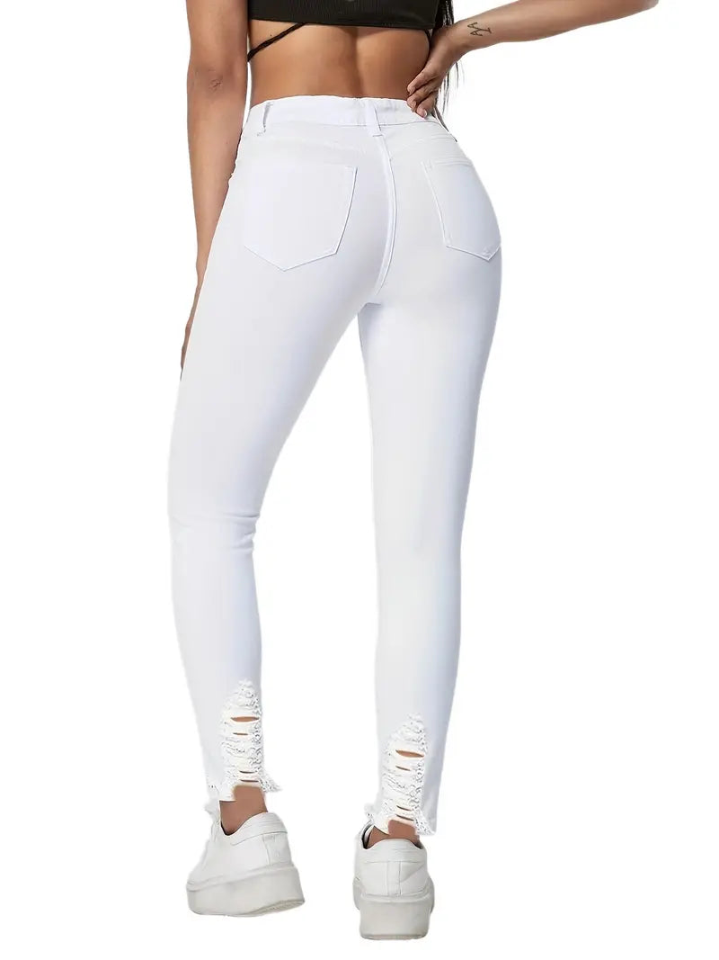 White Raw Hem Skinny Jeans, Ripped Slash Pockets Distressed Slight-Stretch Denim Pants, Women's Denim Jeans & Clothing