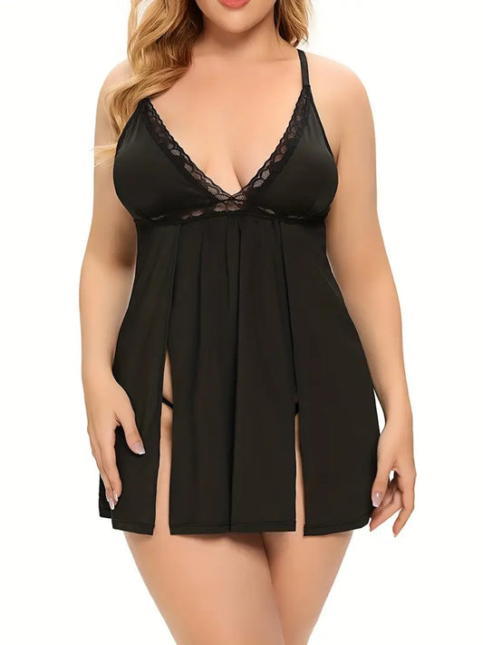 Plus Size Sexy Lingerie Dress Set, Women's Plus Split Hem V-neck Cut Out Babydoll Nightdress & Panty Two Piece Set