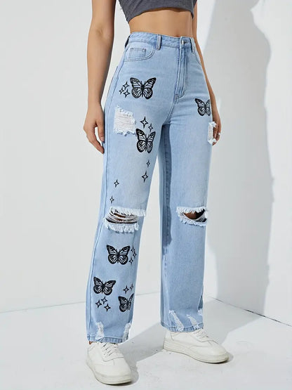 Bleach Wash Ripped Detail Butterfly Jeans, Star Print Distressed High Rise Mom Jeans, Women's Denim Jeans & Clothing