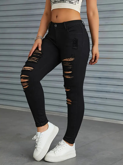 Ripped Solid Color Slim Fit Jeans, Slash Pockets Vintage Button High Stretch Trousers For Women, Women's Denim Jeans & Clothing