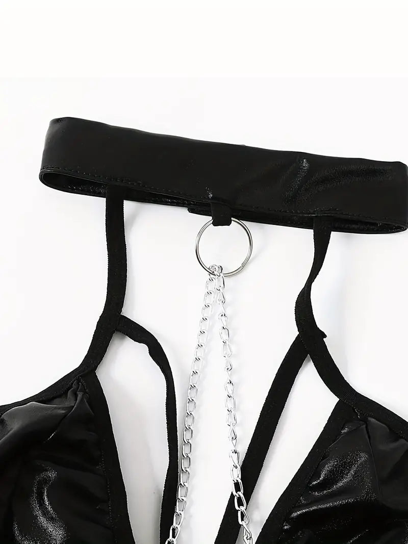 Women's Sexy Pu Leather Halter Jumpsuit - Show Off Your Curves with a Hollow Out Backless Thong Bodysuit!