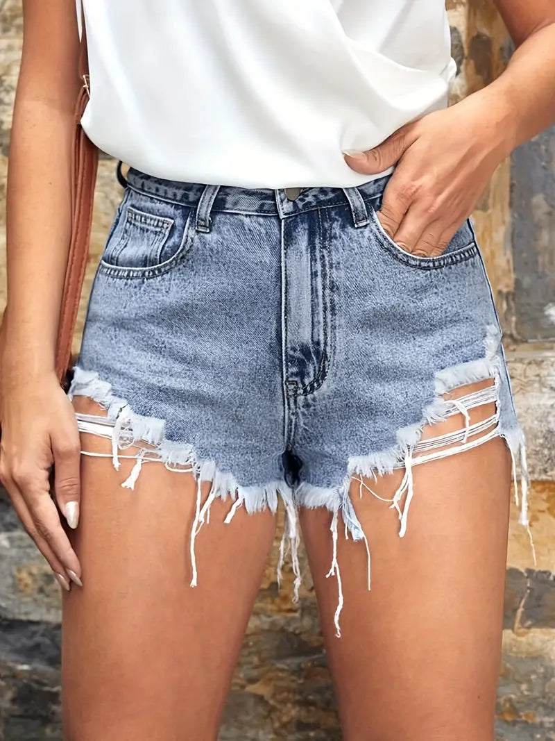 Short en denim décontracté à ourlet brut irrégulier en détresse, short d'été sexy lavé bleu clair, jeans et vêtements en denim pour femmes 