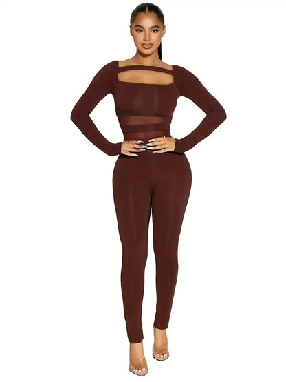 Solid Cut Out Mesh Splicing Jumpsuit, Casual Slim Long Sleeve Jumpsuit For Spring & Fall, Women's Clothing