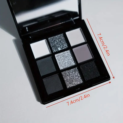 9 Colors Eyeshadow Palette, Dark Black Grey Silvery Color Shimmer Matte Finish Smokey Style Stage Party Performance Makeup