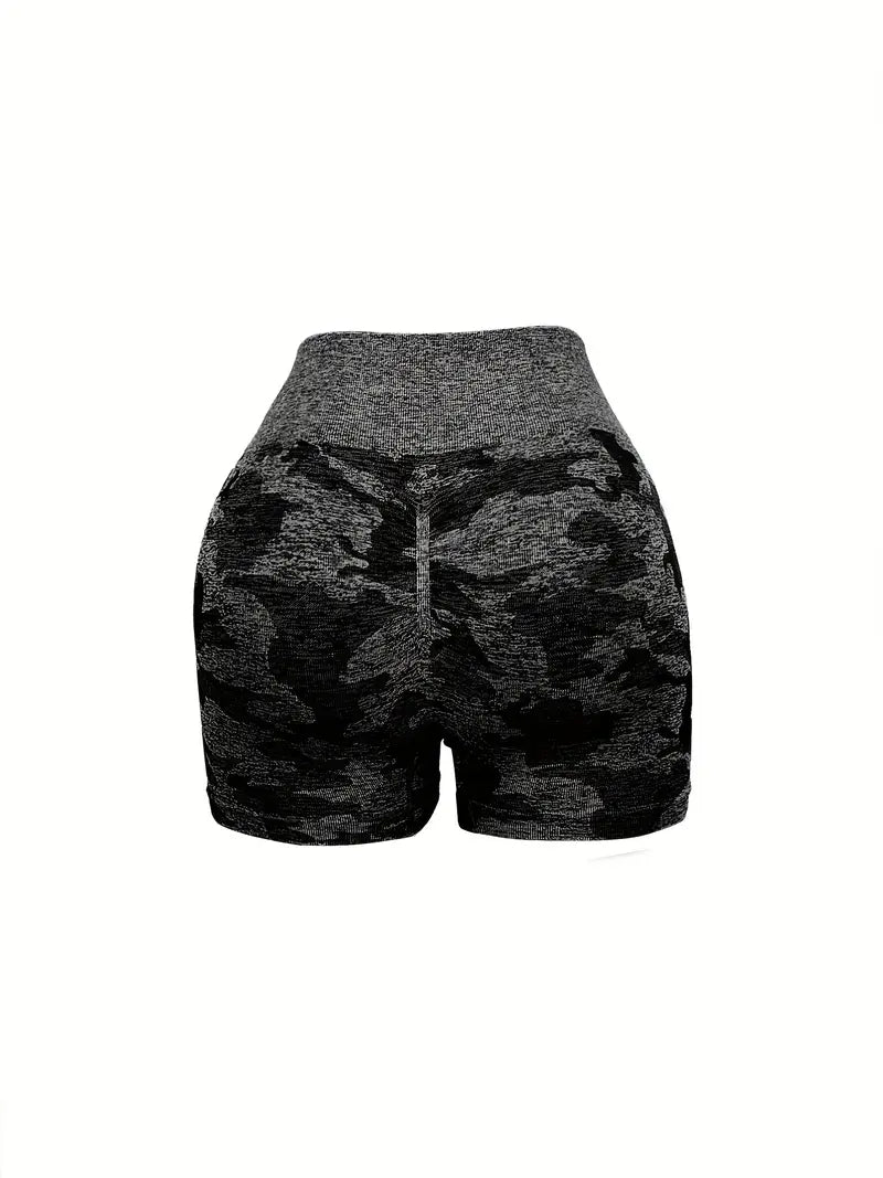 Plus Size Sports Shorts, Women's Plus Camo Print High Rise Stretchy Ruched Yoga Shorts