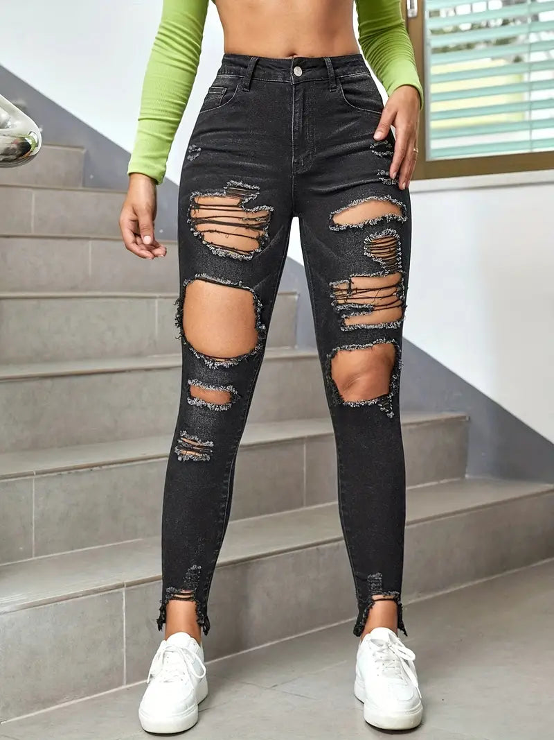 Women's Street Style Ripped & Distressed High Rise Skinny Jeans - Solid Black Frayed Hem & Slash Pockets