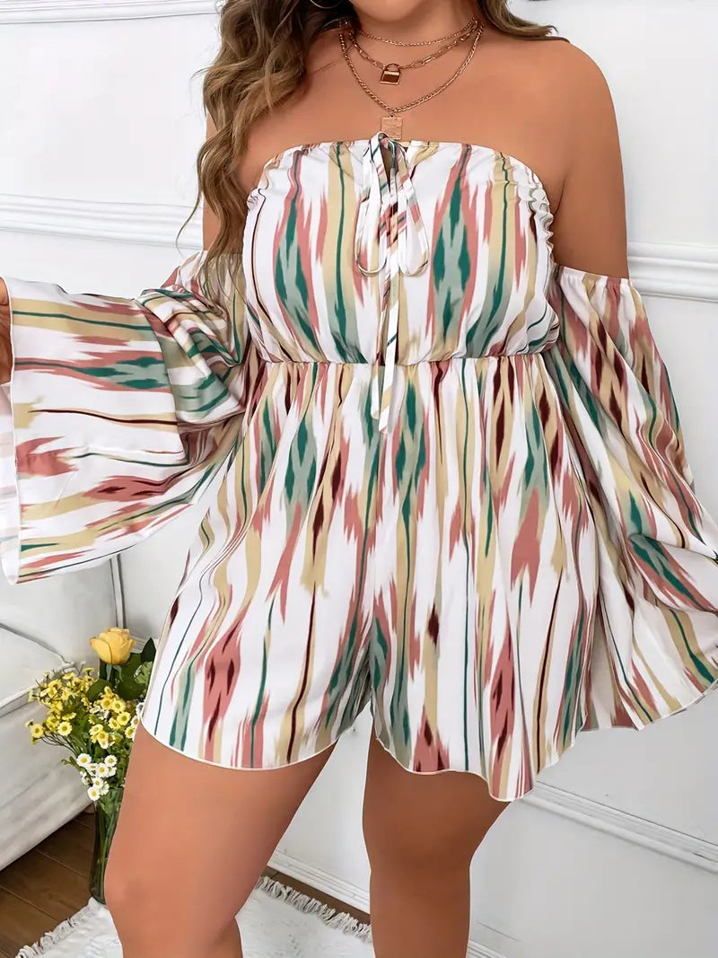 Plus Size Casual Romper, Women's Plus Colorful Stripe Print Off Shoulder Ruffle Sleeve Tie Front Tube Romper