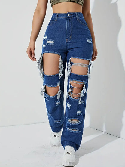 Women's Grunge Denim Jeans: High Rise Destroyed Legs & Slim Fit Ripped Distressed Pants