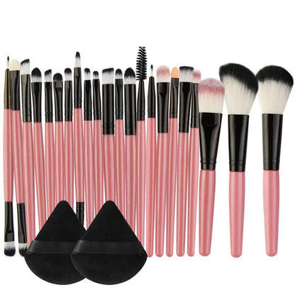 All-in-One 22-Piece Professional Makeup Brush Set + 2 Triangle Puffs - Nylon Bristles for Perfect Application: Foundation, Powder, Concealers, Eye Shadows, Blush, & More