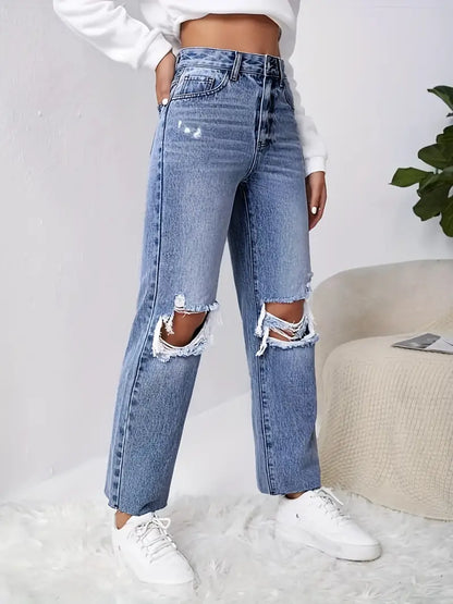 Blue Raw Cut Straight Jeans, Ripped Holes Loose Fit Slant Pockets Denim Pants, Women's Denim Jeans & Clothing