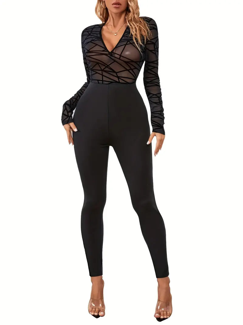 Solid Sheer Jumpsuit, Sexy Long Sleeve Crew Neck Long Length Jumpsuit, Women's Clothing