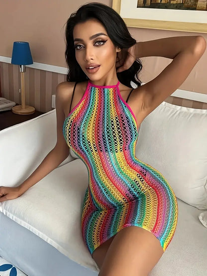 Multicolored Hollow Out Dress Without Bikini, Halter Neck See Through Backless Cover Up Dress, Women's Swimwear & Clothing