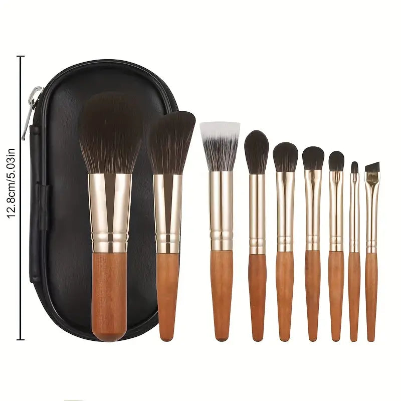 Deluxe 9-Piece Mini Makeup Brush Set - Powder, Blusher, Eye Shadow - Short Handle, Soft Nylon Bristles, Durable Wooden Rod - Alcohol-Free, All Skin Types, Compact Design - Girls & Women