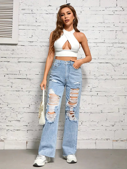 Women's Denim Jeans & Clothing: Blue Raw Hem Straight Jeans with Ripped Holes & High Waist Loose Fit