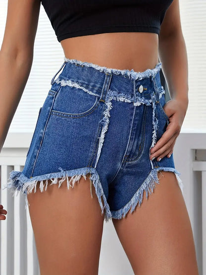 Blue Raw Hem Denim Shorts, High Waist Slash Pockets Distressed Slim Fit Short Denim Pants, Women's Denim Jeans & Clothing