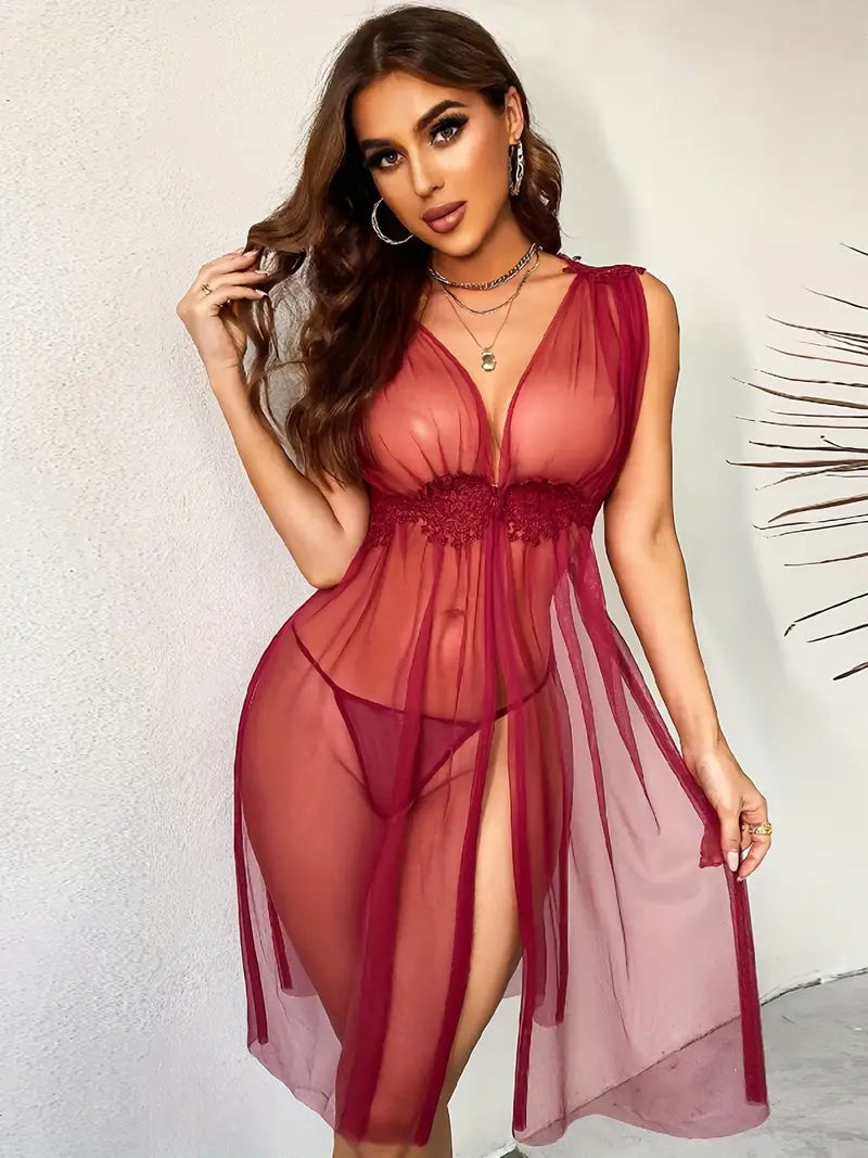 Sexy Sheer Mesh Babydoll, See Through Plunging Slit Long Dress, Women's Lingerie & Underwear