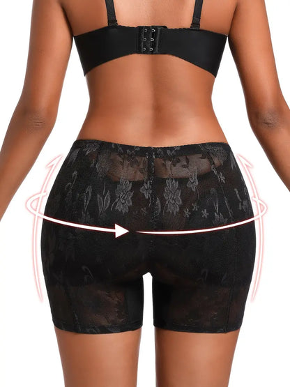 Floral Pattern Mesh Stitching Shaping Shorts, Tummy Control Compression Butt Lifting Shorts, Women's Underwear & Shapewear