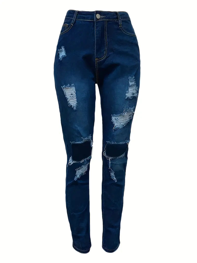 Blue Ripped Holes Skinny Jeans, Slim Fit Slash Pockets Mid-Stretch Distressed Denim Pants, Women's Denim Jeans & Clothing