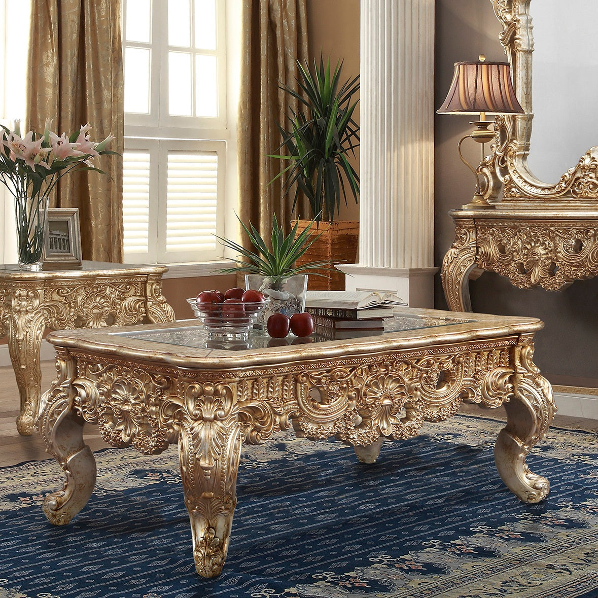 Coffee Table in Bright Metallic Gold with Rust Marbling Highlights