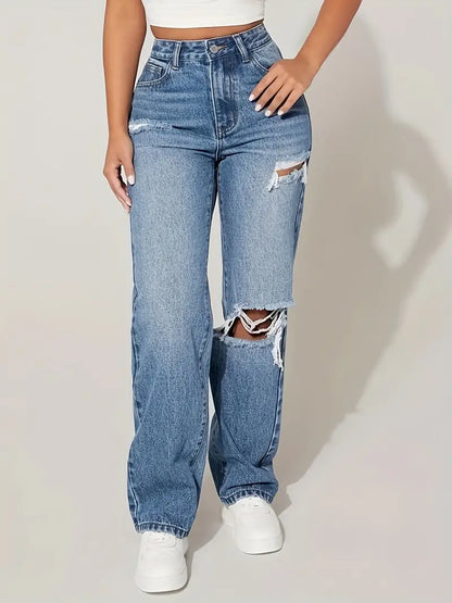 Jean droit bleu à trous déchirés, trous déchirés avec poches inclinées, pantalon en denim taille moyenne, jeans et vêtements en denim pour femmes 