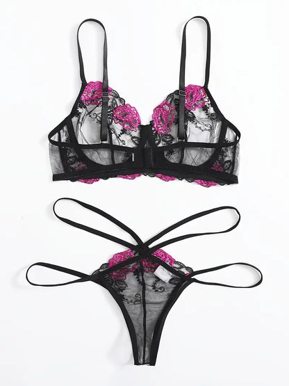 Rose Embroidered Mesh Contrast Color Sexy Lingerie Set, Sheer Thin Bra & Thin Strap Cross Cheeky Panty