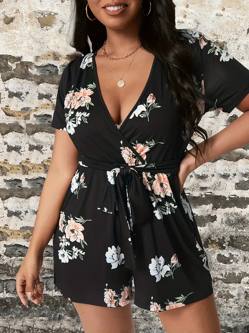 Plus Size Casual Romper, Women's Plus Floral Print Short Sleeve Surplice Neck Romper With Belt